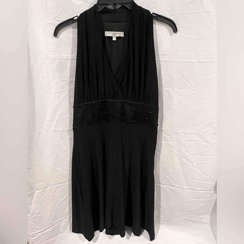Evan-Picone black halter party dress with embellished satin waist.